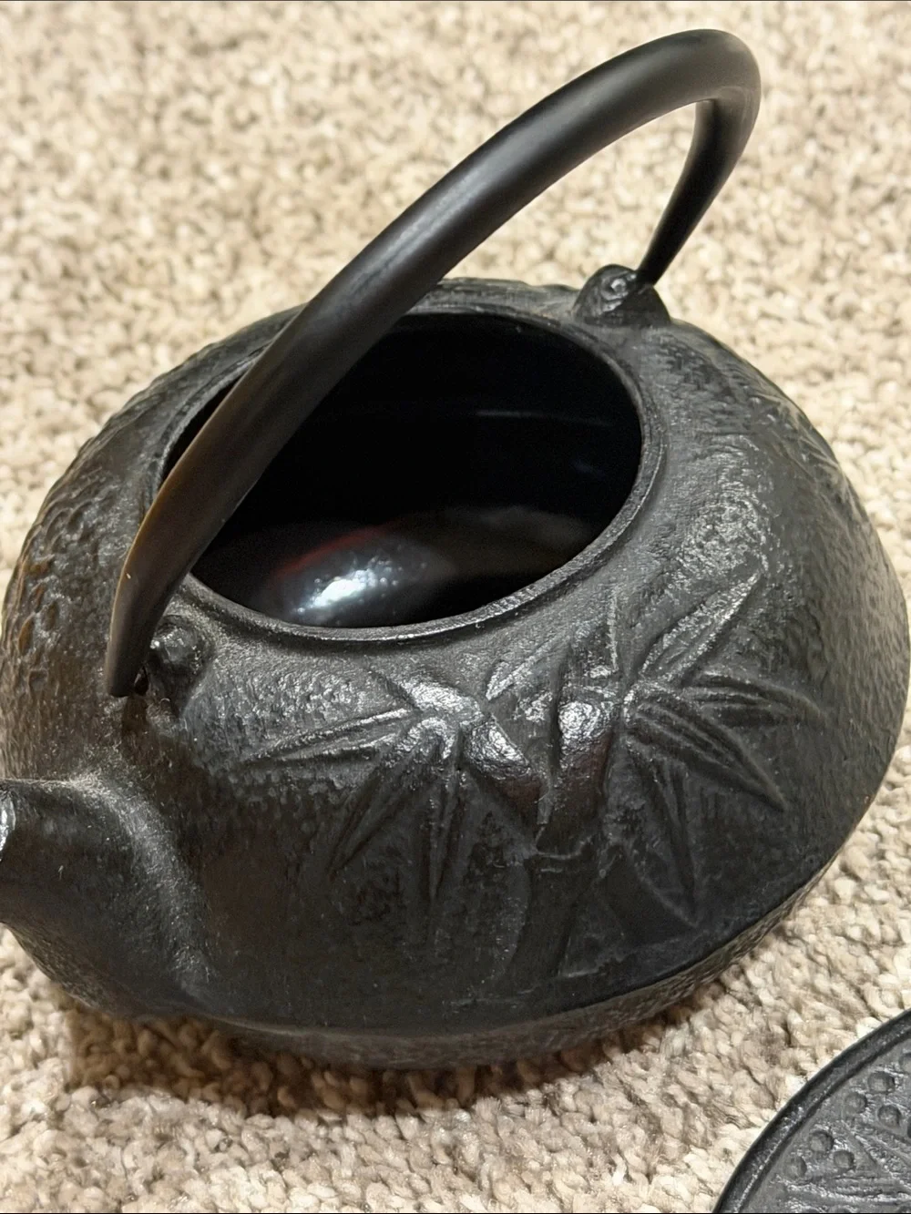 Small Cast Iron Black Teapot with Handle and Trivet and mesh insert